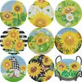 Detail of sunflower diamond painting coasters showing various patterns and holder - Bright Sunflower Style (BD006) / 8 Pieces (With Iron Stand)