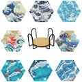 8pcs DIY hexagonal diamond painting coasters with wave patterns and black metal holder - Ocean Wave Hexagon (BD011) / Set of 8