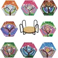DIY diamond painting coasters set with 8 hexagonal tree designs and black metal holder - Colorful Tree Hexagon (BD010) / Set of 8