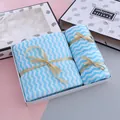 Three-piece towel gift set with light blue and white chevron pattern and gold ribbons - Water Wave / 2-Piece Set (1 Large 1 Small) / Blue