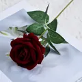 Single elegant dark red velvet artificial rose with realistic green leaves on white card - Pearl Velvet Rose Wine Red