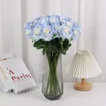 Artificial light blue and white velvet roses arranged in a clear glass vase for home decor - Bent-head Rose / Diameter 10cm / Crushed Ice Blue