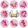 Set van 8 vlinder diamant schilderen onderzetters met een zwarte metalen houder - Elegante Roze Vlinder Stijl (BD017)