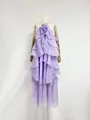 Elegant light purple French ruffled maxi dress featuring a 3D flower detail on a mannequin - S / Dresses / Purple