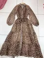 Leopard print maxi dress with V-neck, lantern sleeves, and tiered skirt detail view - S / Dresses / Leopard Print Long Style