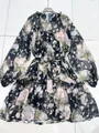 Elegant floral chiffon dress featuring lantern sleeves, single-breasted buttons and waist tie. - S / Dresses / Pattern 2 Short Style