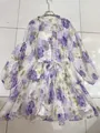 Close-up of purple floral chiffon dress with lantern sleeves and tiered ruffle hem - S / Dresses / Pattern 1 Short Style
