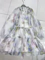 Detailed close-up of a floral V-neck dress with lantern sleeves and a tiered skirt design - S / Dresses / Pattern 3 Short Style