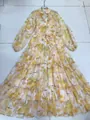 Full view of floral V-neck tiered maxi dress with lantern sleeves and belted waist. - S / Dresses / Yellow Long Style