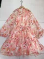 Elegant floral print V-neck dress with lantern sleeves, button-down and belted waist. - S / Dresses / Pink Short