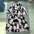 Elegant floral maxi dress with lantern sleeves and tiered skirt in black and pink - S / Dresses / Pattern 1 Long Style