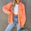 Giacca in denim corallo lavato con bordi grezzi a taglio vivo da donna, autunno - Taglia S / Top / Arancione