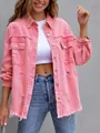 Detail view of pink distressed loose denim jacket with frayed edges and ripped design - Pink