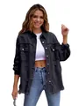 Distressed loose black denim jacket for women with ripped details and long sleeves - S / Tops / Black