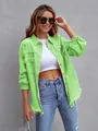 Stylish lime green distressed denim jacket featuring a loose fit and raw frayed hems - Light Green