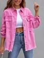 Fashionable pink distressed denim jacket for women featuring a loose fit and long sleeves - Rose Red