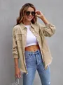 Women's oversized distressed khaki denim jacket with frayed edges and long sleeves - Khaki