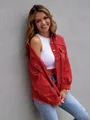 Stylish women's oversized distressed red denim jacket with frayed edges and long sleeves - Red