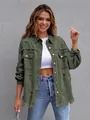 Trendy womens distressed army green denim jacket with loose fit and ripped hem detail - Army Green
