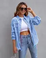 Women's loose light blue distressed denim jacket with frayed raw hem and long sleeves - Sky Blue
