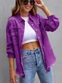 Vibrant purple distressed oversized denim jacket for women featuring fringe hem and ripped details - Deep purple