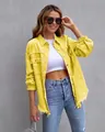 Women's bright yellow oversized denim jacket featuring distressed ripped details - Yellow