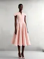 Elegant blush pink V-neck acetate petal sleeve midi dress with pleated A-line skirt - 3XL / Dresses / Light Pink