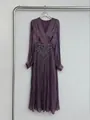 Elegant purple V-neck pleated maxi dress with intricate floral embroidered waist detail - S / Dresses / Purple