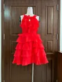Gedetailleerd zicht op rode chiffon halterjurk met elegante ruches. - 3XL / Dresses / Rood