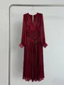 Elegant burgundy V-neck pleated long sleeve maxi dress with exquisite sequin waist detail - S / Dresses / Burgundy