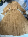 Mercerized gold pleated maxi dress with tiered skirt and button-down front detail - S / Dresses / Camel