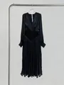 Elegant black V-neck long-sleeve pleated tulle maxi dress with waist detail - Black