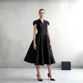 Elegant black V-neck midi dress with unique petal sleeves in premium acetate fabric. - 3XL / Dresses / Black