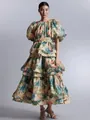 French vintage floral print tiered puff sleeve high waist cake dress worn by a model - S / Dresses / Rainbow
