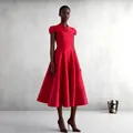Elegant red V-neck midi dress with floral petal sleeves and pleated puffy skirt for women - 3XL / Dresses / Red