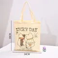 Bolsa de lona beige ecológica con ilustración de gatos, dimensiones del producto 34x38cm - Patrón de dibujos animados de dos gatos / 34x38cm / Blanco Roto