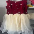 Detailed view of red velvet bodice with floral sequins and layered cream tulle skirt. - S / Dresses / Red