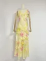 Elegant floral print maxi dress featuring irregular ruffles and V-neckline on mannequin - S / Dresses / Yellow