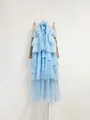 Full view of light blue tiered ruffled maxi dress with 3D flower detail on mannequin - S / Dresses / Blue