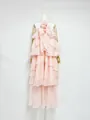 Detailed view of an elegant pink tiered ruffle long dress featuring a 3D floral neck - Pink