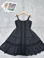 Abito midi nero stile francese con pizzo traforato e spalline sottili - Taglia S / Modello corto / Nero
