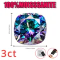 Detailopname van een 3ct regenboog moissaniet steen met afmetingen en GRA certificaat. - Vierkant Kussen (3ct) / 8.5mm-3ct (Met GRA Certificaat) / Regenboog Groen