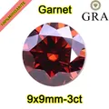 Macro view of round cut garnet red moissanite loose stone with GRA certificate info - 3ct (9x9mm) / Garnet Red