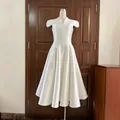 Elegant white V-neck midi dress with petal sleeves in premium smooth acetate fabric - White