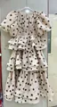 Elegant retro cream polka dot tiered cake dress with puff sleeves and high waist. - S / Dresses / Polka Dot