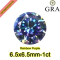 Close-up of a brilliant round-cut rainbow purple moissanite gemstone with GRA mark - Rainbow Purple / 1ct (6.5x6.5mm)