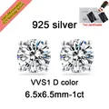 Close-up of 1ct D color VVS1 moissanite stud earrings with GRA certificates - 925 Silver Stud / 6.5x6.5mm 1ct D Color
