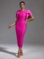 Professional detail of magenta bandage dress featuring oversized pearl-beaded shoulder bows - XS / Dresses / Rose Red
