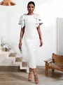 Detail of white bandage dress with pearl-embellished ruffled shoulders for formal party wear. - XS / Dresses / White
