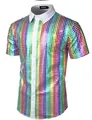 Detalle de lentejuelas cuadradas de colores en la camisa de fiesta disco de los 70 - S / Tops / Arcoíris